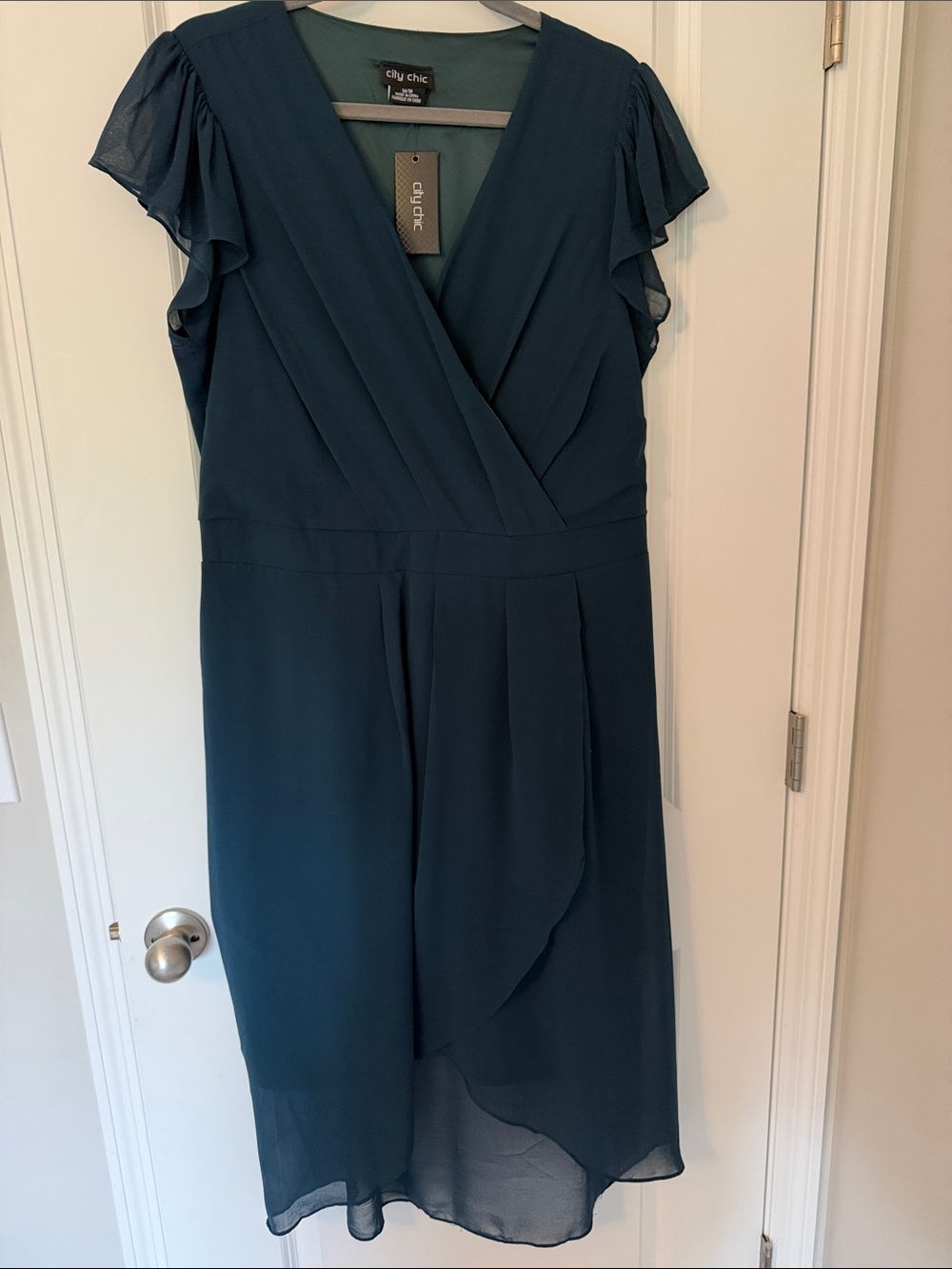 City Chic Teal Faux Wrap-Front Knee Length Dress with Flutter Sleeves